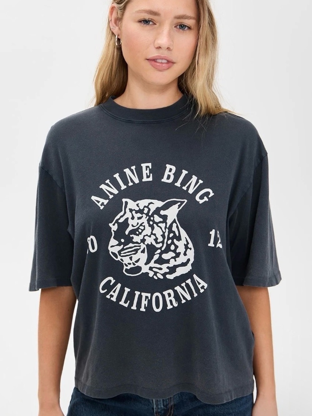 Anine Bing Black Grey California Graphic Tee Leopard Collegiate Logo Tee R16